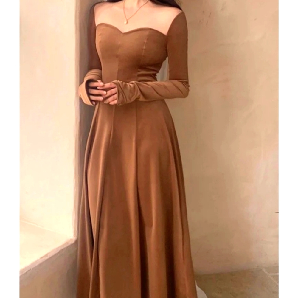 Brown Off Shoulder Maxi Dress with Inner Bra Size Small